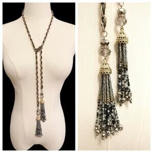 Gold Tone Chain Lariat Necklace Gray Suede Inset Beaded Tassel Statement